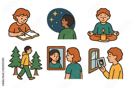 Contemplative Moments. Flat vector mini-illustrations People in moments of contemplation and self-reflection