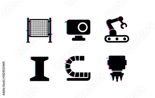 six different glitch effect illustration isolated on white backgorund industrial robot safety fence industrial robot sensor industrial robot conveyor interface industrial robot base