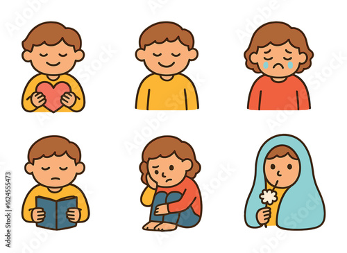 Children's Emotion Icons. Flat vector mini-illustrations Emotions and introspection in colors children's
