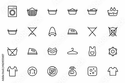 A soft and minimalist icon set focused on laundry and textile maintenance. Perfect for laundromat branding, clothing labels, and garment care infographics