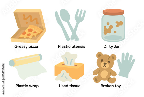 Recycling Mistakes Illustrations. Flat vector mini-illustrations Common mistakes in recycling in colors