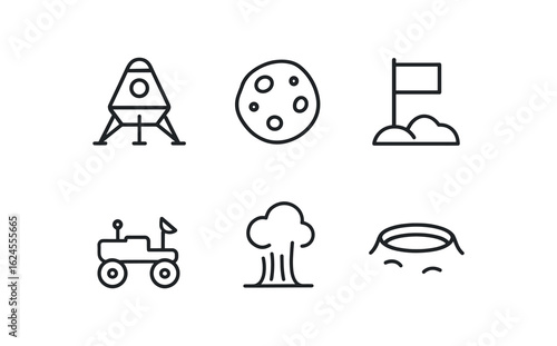 simple outline stroke icon items simple outline stroke icon items (moon mission): lunar lander moon rock flag planting rover dust plume crater monoline icons style isolated on white