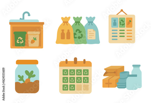 Child's Recycling Station. Flat vector mini-illustrations Home recycling corner in colors children's