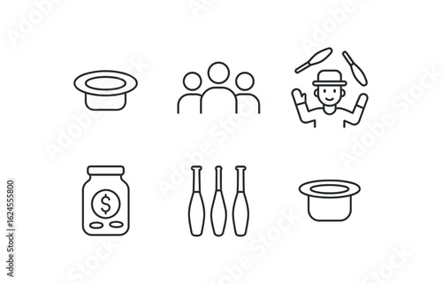 simple outline stroke icon items juggling performance (urban simple outline stroke icon itemseet): hat bowl simple outline stroke icon itemseet background audience circle performer hat coin