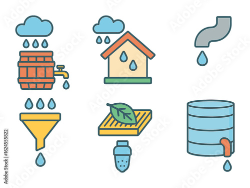 Rainwater Harvesting Icons. Flat vector mini-illustrations Rainwater harvesting systems in colors children's