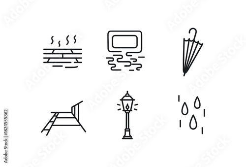 simple outline stroke icon items melancholy (rainy simple outline stroke icon itemseet): wet pavement reflected neon umbrella closed empty sidewalk lamppost glow rainy drips monoline icons