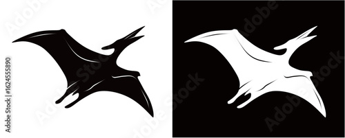 Silhouette of a pterosaur dinosaur isolated on a black and white background. Prehistoric animal concept