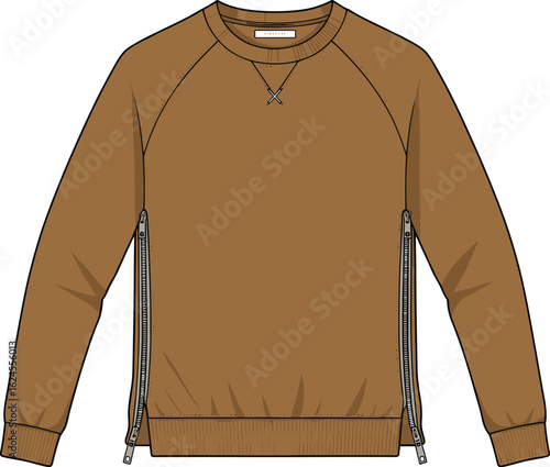 Technical flat sketch of a men's white long-sleeve button-down shirt, featuring two chest pockets with flaps and button closures, and contrasting elbow patches, for rugged casual wear.