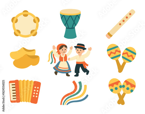 Folk Dance Icons. Flat vector mini-illustrations Folk dance and music instruments in colors children's