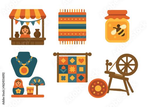 Community Fair Icons. Flat vector mini-illustrations Community fairs and folk exhibitions in colors children's