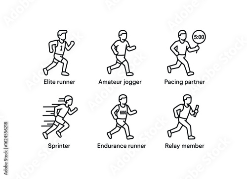 simple outline stroke icon items marathon runner (types of runners): elite runner amateur jogger pacing partner sprinter endurance runner relay member monoline icons style isolated on white