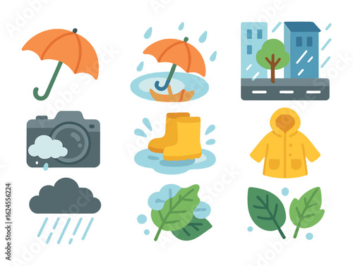 Rainy Day Icons. Flat vector mini-illustrations Rainy day photography moments in colors children's