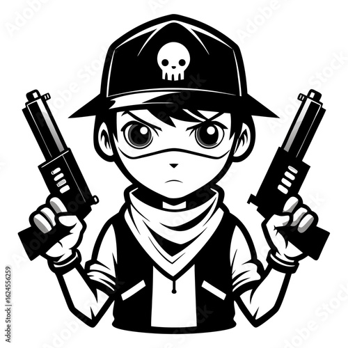 Boy in Cap and Bandana with Crossed Guns in Monochrome Silhouette