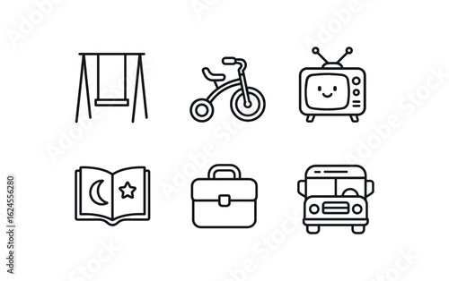 simple outline stroke icon items nostalgia (childhood): swing set tricycle TV bedtime story lunchbox school bus monoline icons style isolated on white background