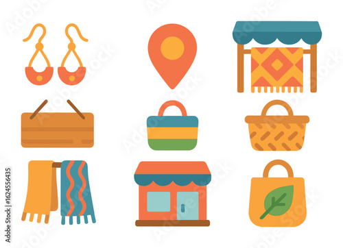 Artisan Market Icons. Flat vector mini-illustrations Local artisan fashion markets in colors children's