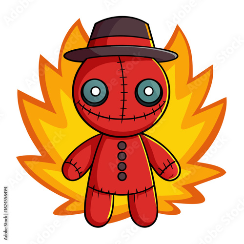 Red Voodoo Doll with Button Eyes and Tribal Flames in Badge Design