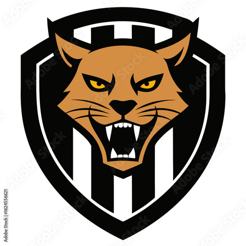Snarling Jungle Cat Crest with Shadow Stripes on Black Background