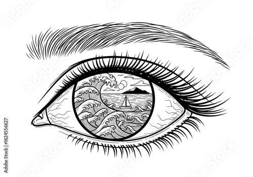 Illustration of an eye featuring ocean waves and a sailboat for nature and introspection concept