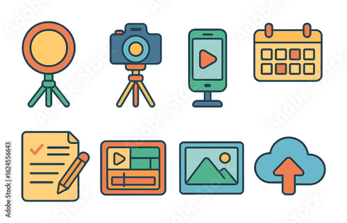 Content Creation Icons. Flat vector mini-illustrations of content creation on the move in colors children's