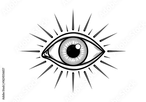 Illustration of eye with rays emanating for vision and enlightenment concept