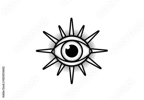 Illustration of eye surrounded by radiating rays for clarity and vision concept