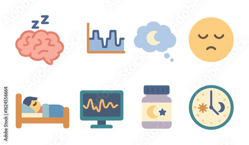 Sleep Science Icons. Flat vector mini-illustrations of the science of sleep in colors children's illustrations