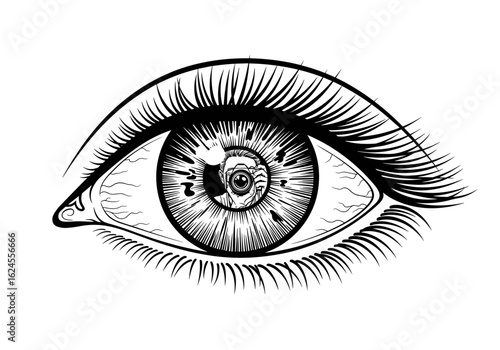 Illustration of an eye with a photographer in the pupil for depth perception and concept