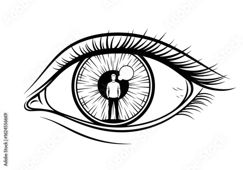 Illustration of eye with a person’s silhouette inside for introspection and perception concept