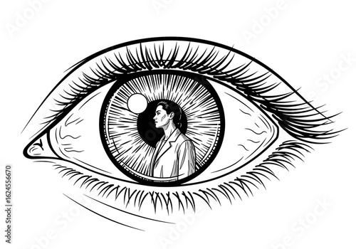 Illustration of eye featuring a person’s silhouette for self-reflection and perception concept