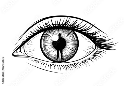 Illustration of eye with silhouette of person for perception and introspection concept