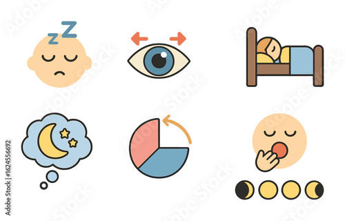 Sleep Stages Icons. Flat vector mini-illustrations of sleep stages in colors children's illustrations: NREM