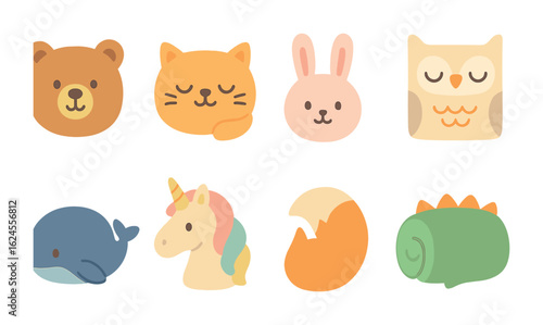 Animal Pillow Icons. Flat vector mini-illustrations of animal-shaped pillows in colors children's