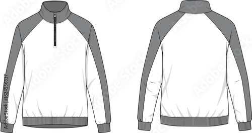 Technical flat sketch of a men's white quarter-zip sweatshirt, featuring a stand-up collar and ribbed cuffs and hem, presented in front and back views, for casual sportswear.