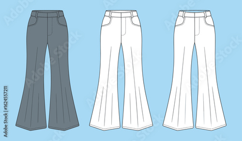 Technical flat sketch of women's wide-leg pants with an elasticated waistband and drawstring tie, a casual apparel design vector illustration.