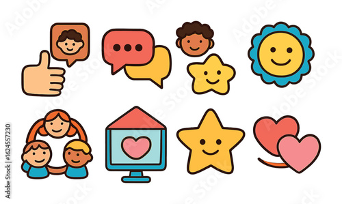 Community App Icons. Flat vector mini-illustrations support community apps in colors children's illustrations: