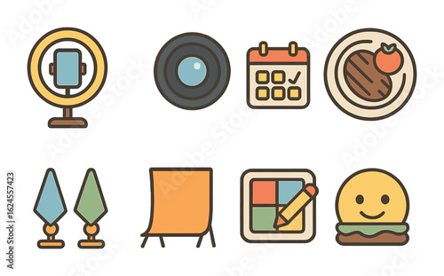 Food Influencer Toolkit. Flat vector mini-illustrations food influencer kit in colors children's illustrations