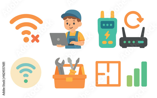 Wi-Fi Fix Kit. Flat vector mini-illustrations Wi-Fi troubleshooting in colors children's illustrations: broken