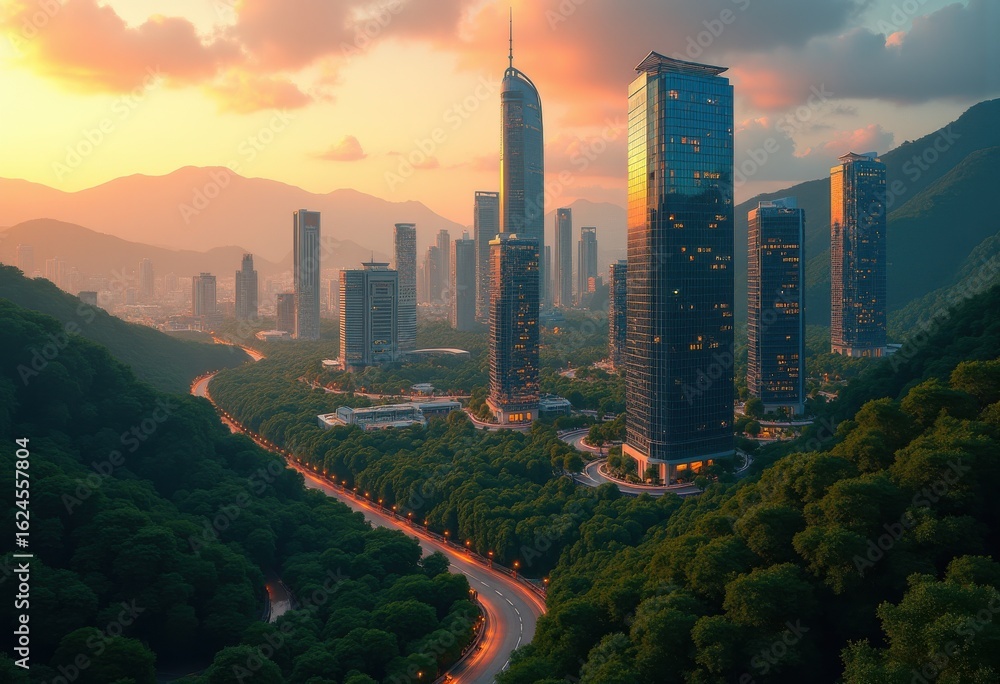 Obraz premium vibrant collision urbanization natural beauty captured stark contrast cityscape scenic nature landscape, skyline, trees, park, buildings, rivers, forest, meadow