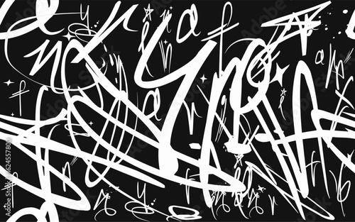 graffiti seamless pattern with abstract tags, letters without meaning. Fashion hand drawing texture, street art retro style, old school design for Tees, textile, black white.eps8