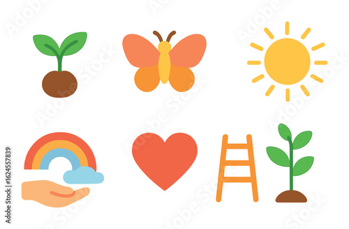Growth Journey Icons. Flat vector mini-illustrations inner growth journey in colors children's illustrations: