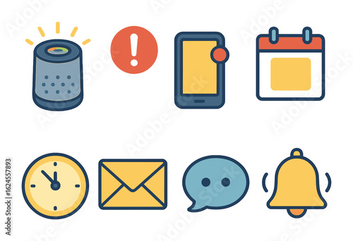 Smart Speaker Alerts. Flat vector mini-illustrations smart speaker notifications in colors children's