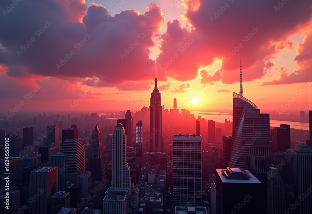 Fototapeta premium vibrant colorful city skyline silhouette breathtaking sunset striking hues drama, dusk, panel, urban, building, reflection, twilight, horizon, landmark