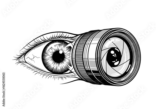 Illustration of eye viewed through camera lens for photography and vision concept