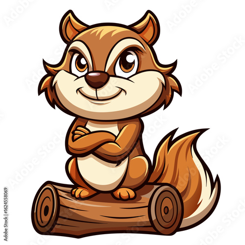 Fierce Chipmunk Mascot on Log with Folded Arms in Cartoon-Vector Hybrid Style