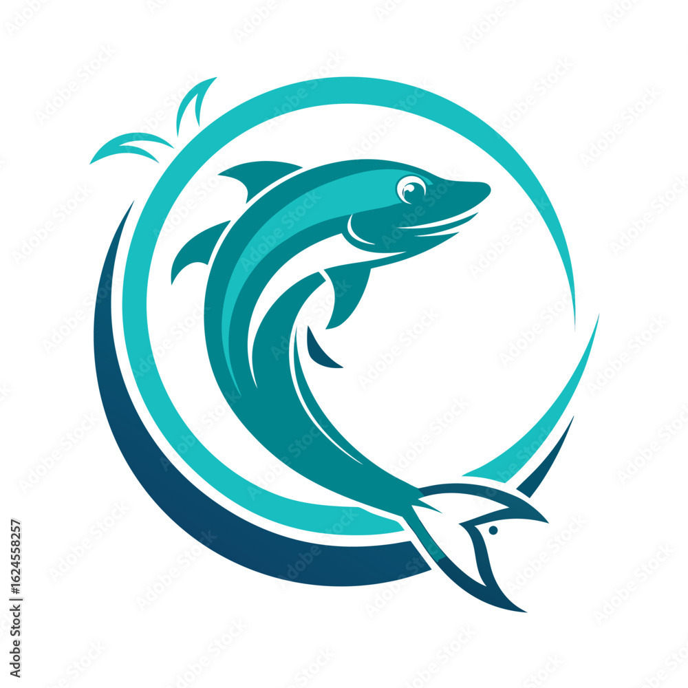 Obraz premium Leaping Teal Fish in Splashing Water Ring Badge with Sharp Vector Elements