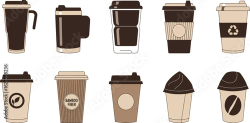 Variety of coffee cups and mugs reusable and disposable eco friendly