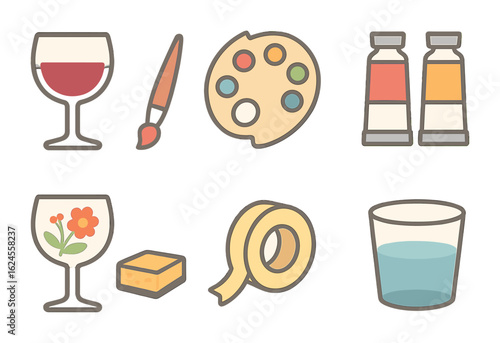 Colorful Wine Glass Art. Flat vector mini-illustrations painting wine glasses in colors children's