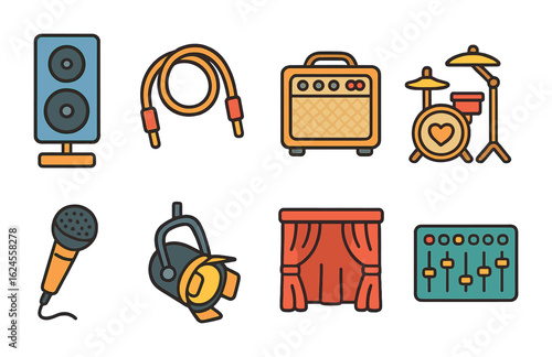 Children's Concert Icons. Flat vector mini-illustrations charity concert stage setup in colors children's