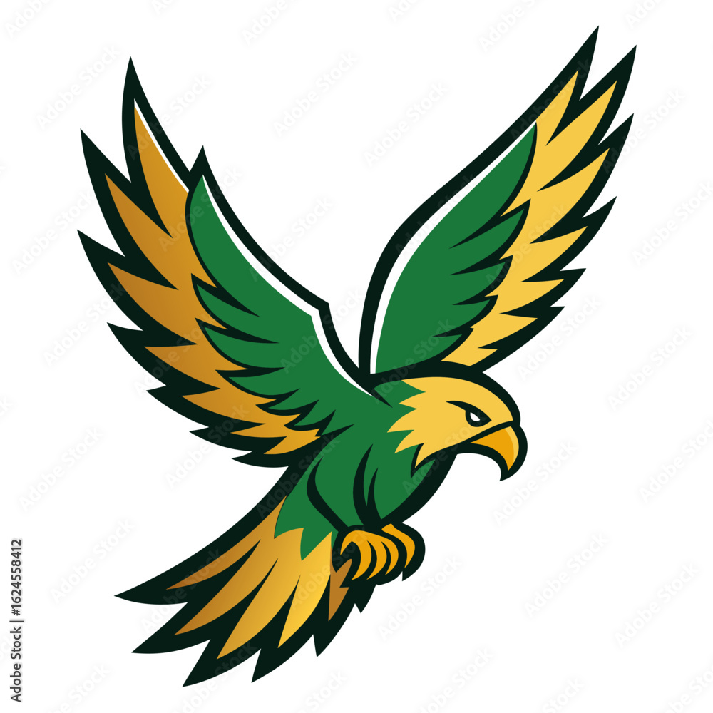 Obraz premium Diving Eagle with Spread Wings in Green-Gold Shading and Layered Vector Style