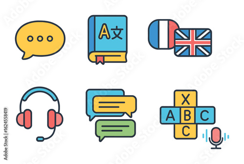 Language Learning Icons. Flat vector mini-illustrations language learning platforms in colors children's